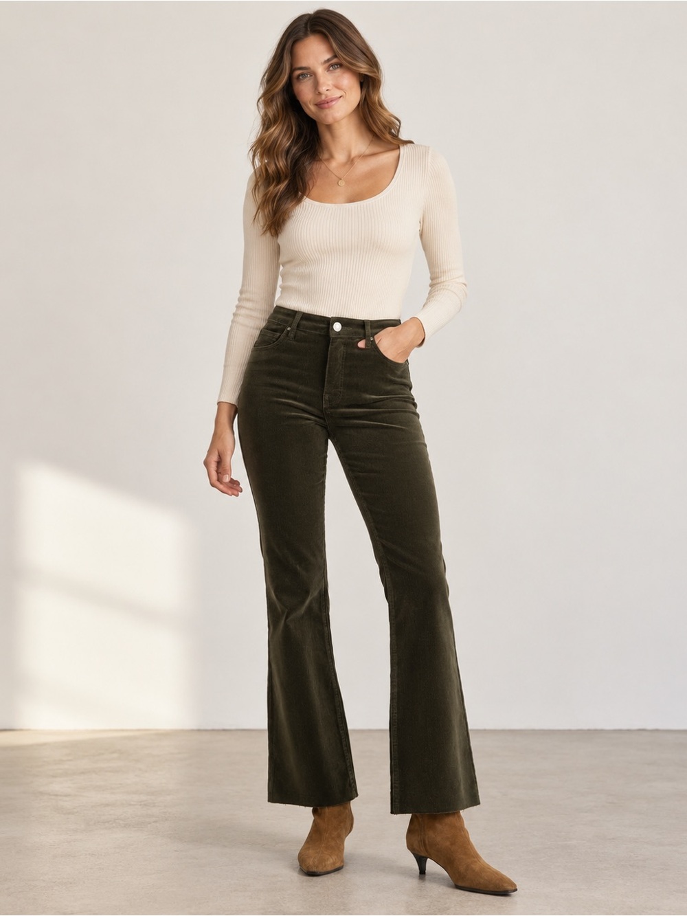 Kut from the Kloth Kelsey Fab Ab Ankle Flare Olive Raw Hem High Corduroy Jeans